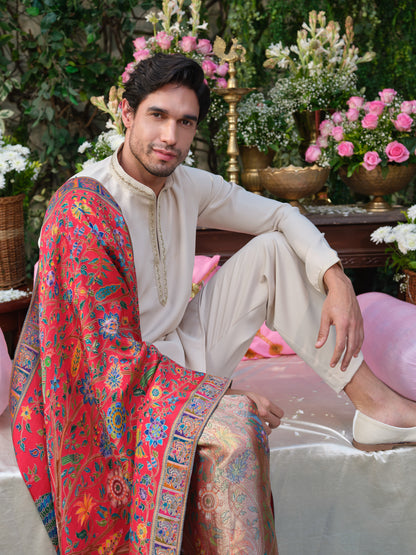 Beige Armani Kurta–Bottom Set with Handcrafted Detailing & Jacquard Dupatta