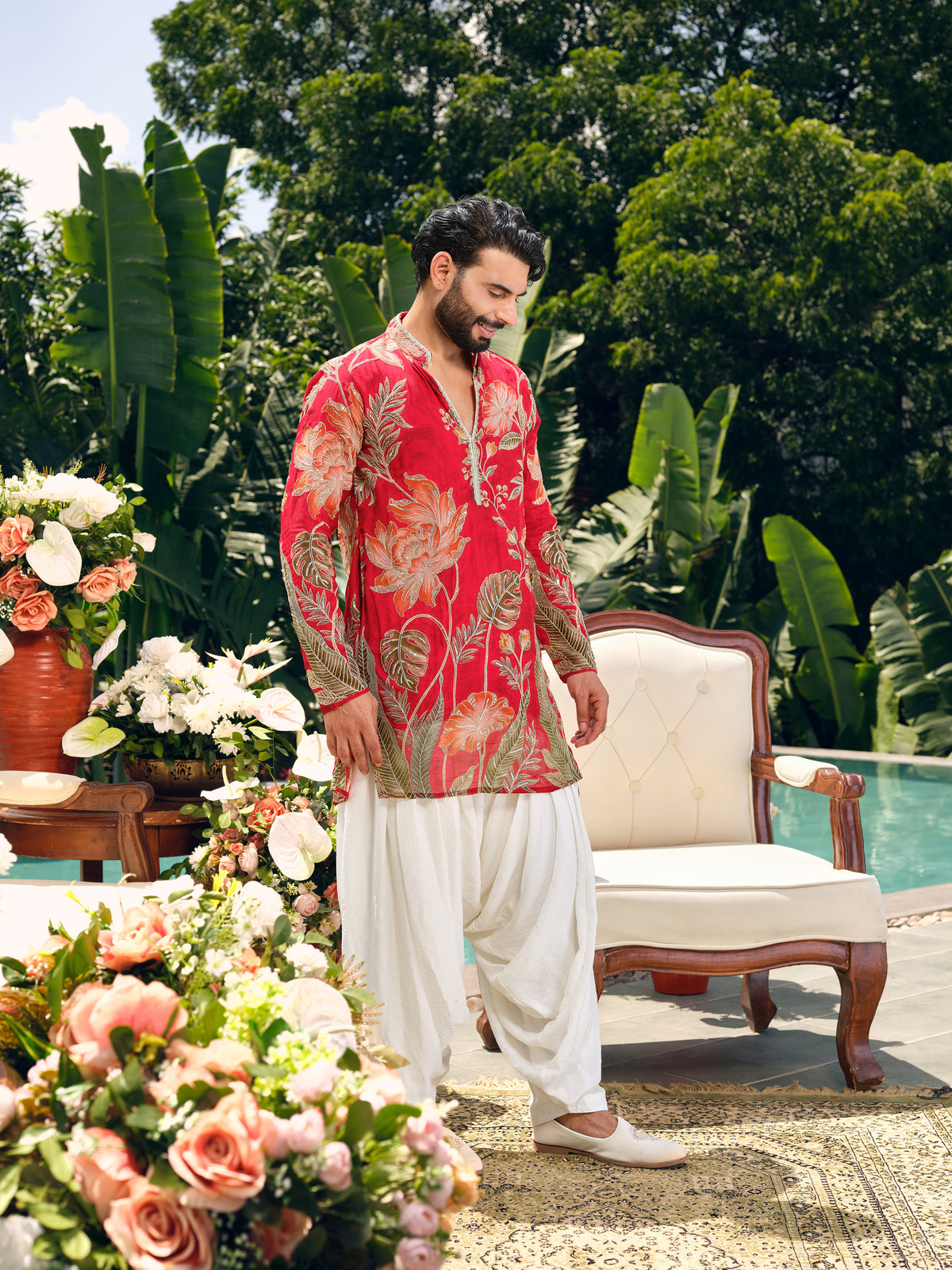 Vermilion Red Orgenza Silk Short Kurta Set with Position Print and Coding