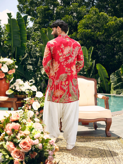 Vermilion Red Orgenza Silk Short Kurta Set with Position Print and Coding