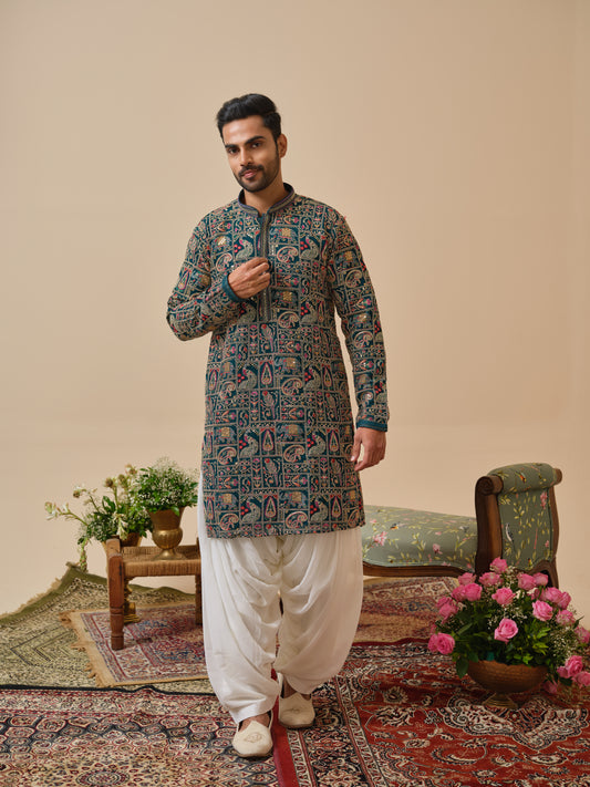 Green Georgette Kurta–Bottom Set with Thread Work & Cording