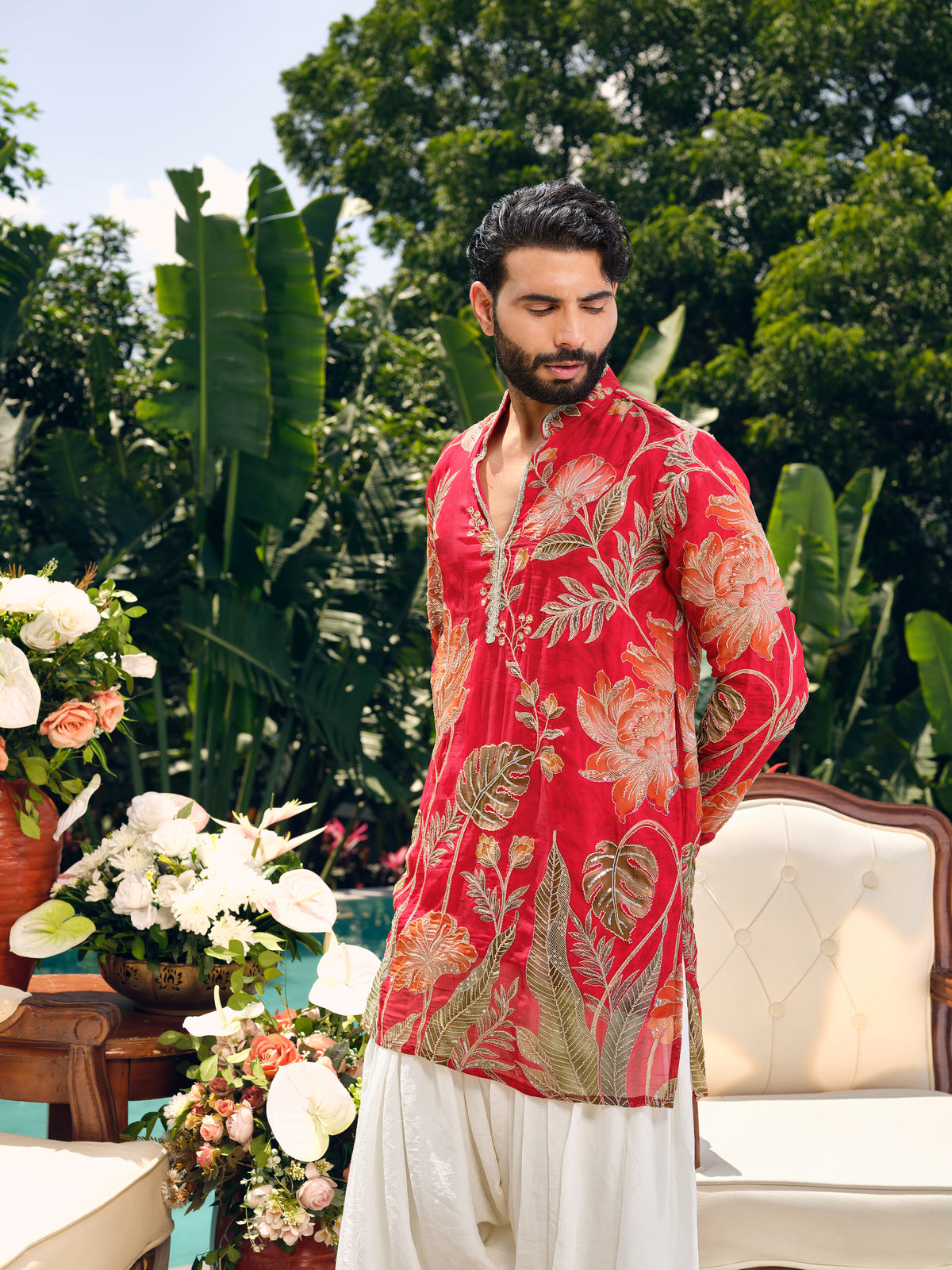 Vermilion Red Orgenza Silk Short Kurta Set with Position Print and Coding