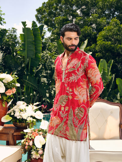Vermilion Red Orgenza Silk Short Kurta Set with Position Print and Coding