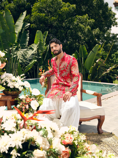 Vermilion Red Orgenza Silk Short Kurta Set with Position Print and Coding
