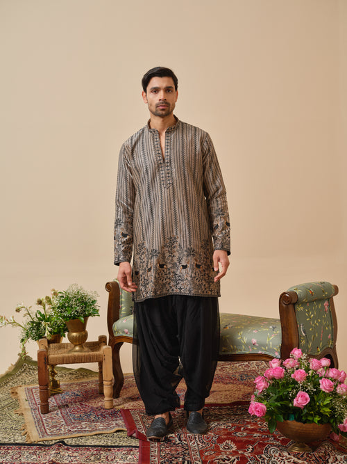 Warm Grey Tissue Organza Kurta–Bottom Set with Sequins & Thread Work Embroidery