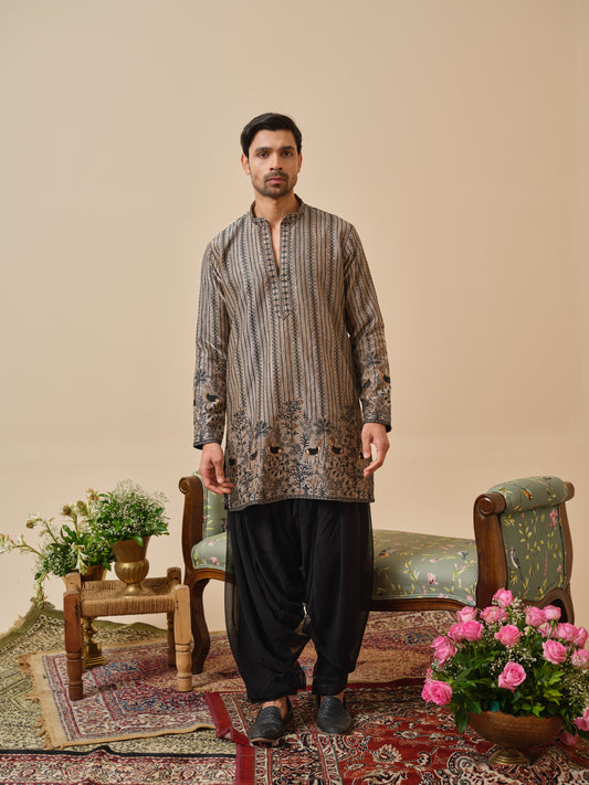 Men’s Warm Grey Tissue Organza Kurta–Bottom Set with Sequins & Thread Work Embroidery