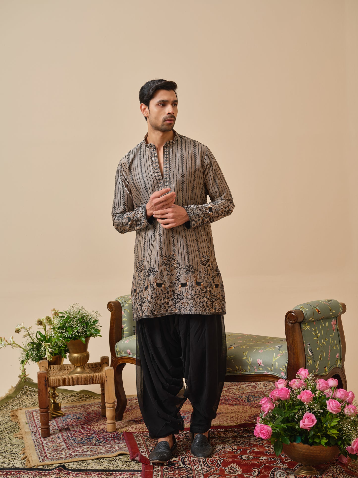 Warm Grey Tissue Organza Kurta–Bottom Set with Sequins & Thread Work Embroidery