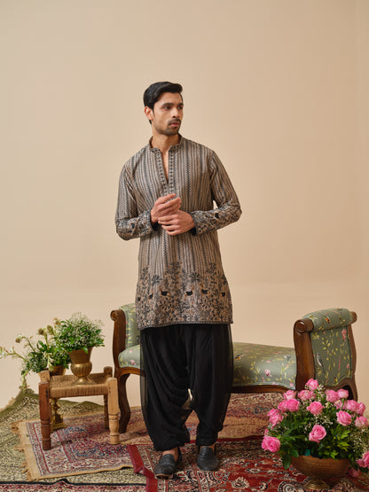 Warm Grey Tissue Organza Kurta–Bottom Set with Sequins & Thread Work Embroidery