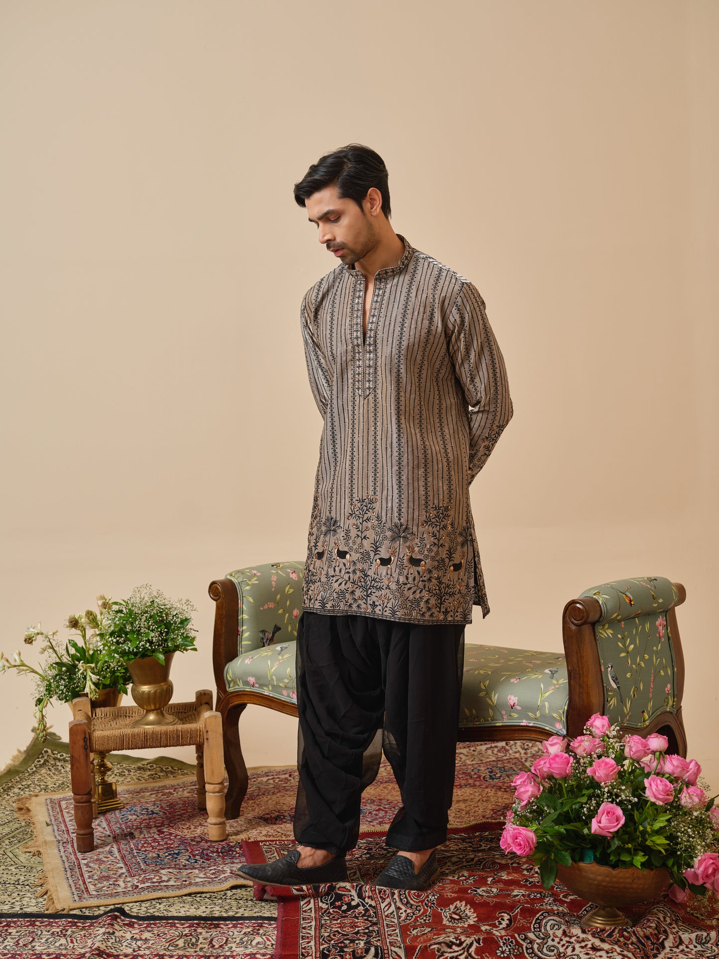 Warm Grey Tissue Organza Kurta–Bottom Set with Sequins & Thread Work Embroidery