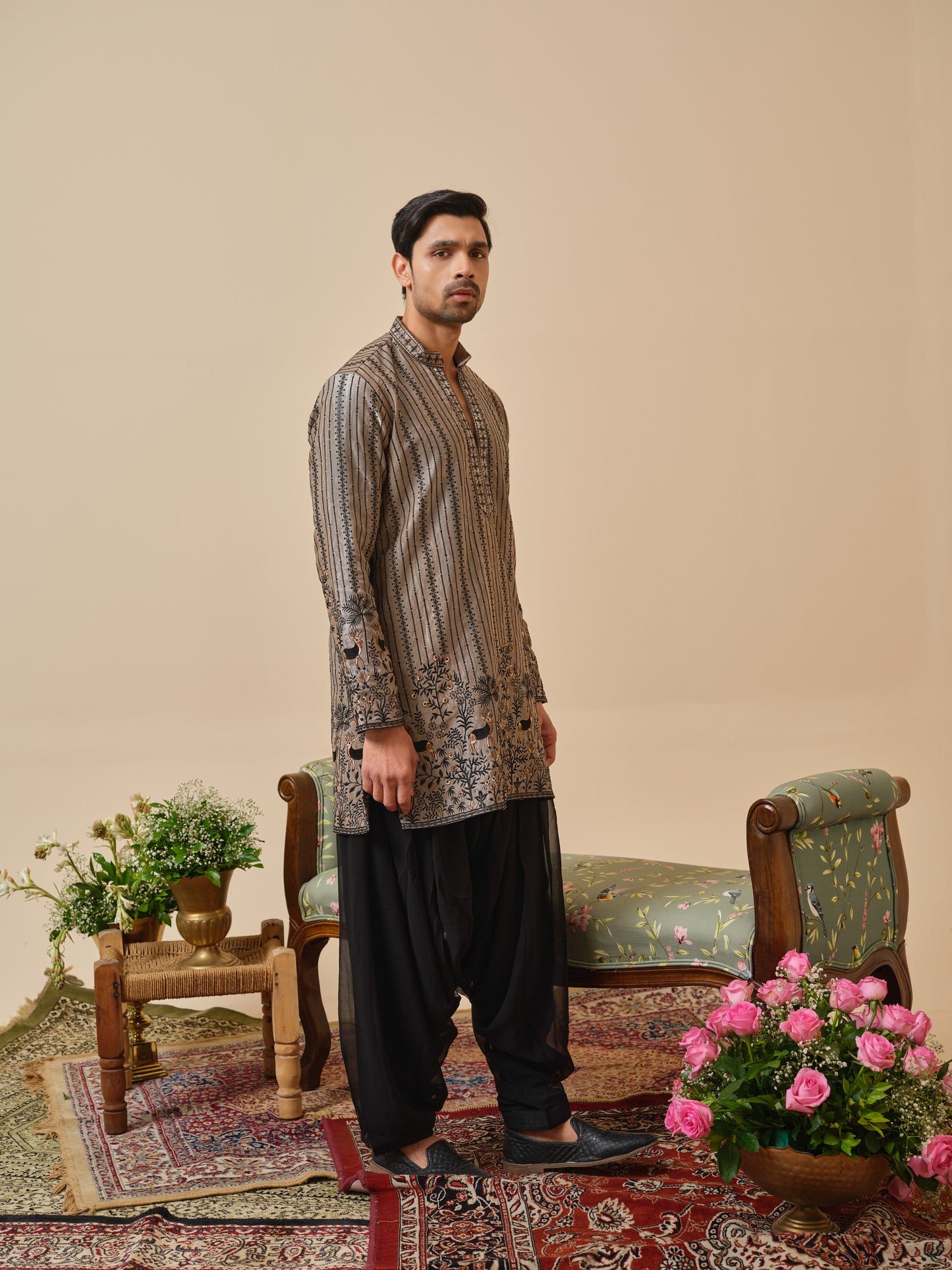 Warm Grey Tissue Organza Kurta–Bottom Set with Sequins & Thread Work Embroidery