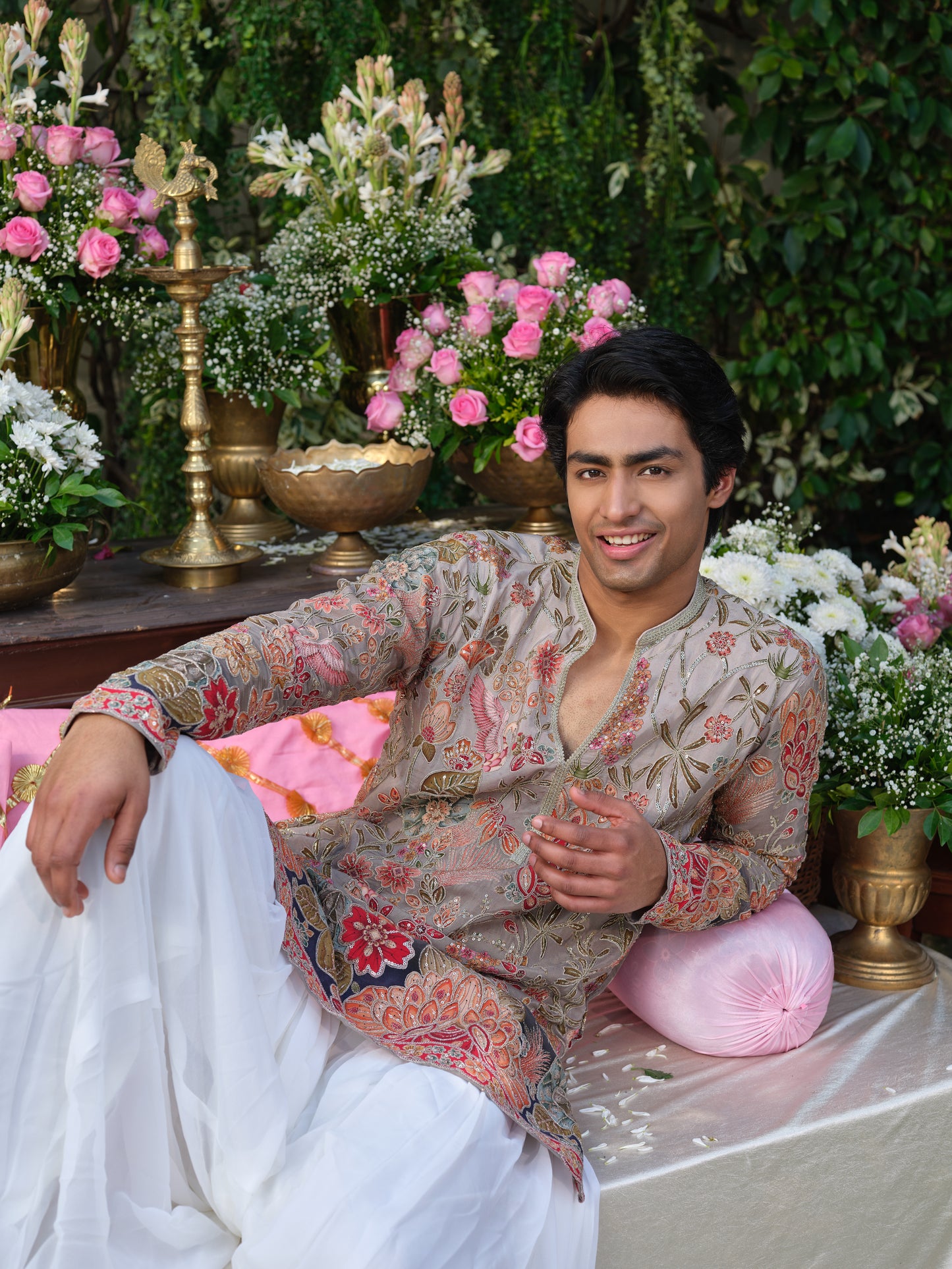 Grey Crepe Kurta–Bottom Set with Cording Zari Embroidery