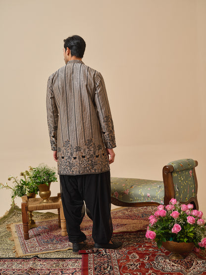 Warm Grey Tissue Organza Kurta–Bottom Set with Sequins & Thread Work Embroidery