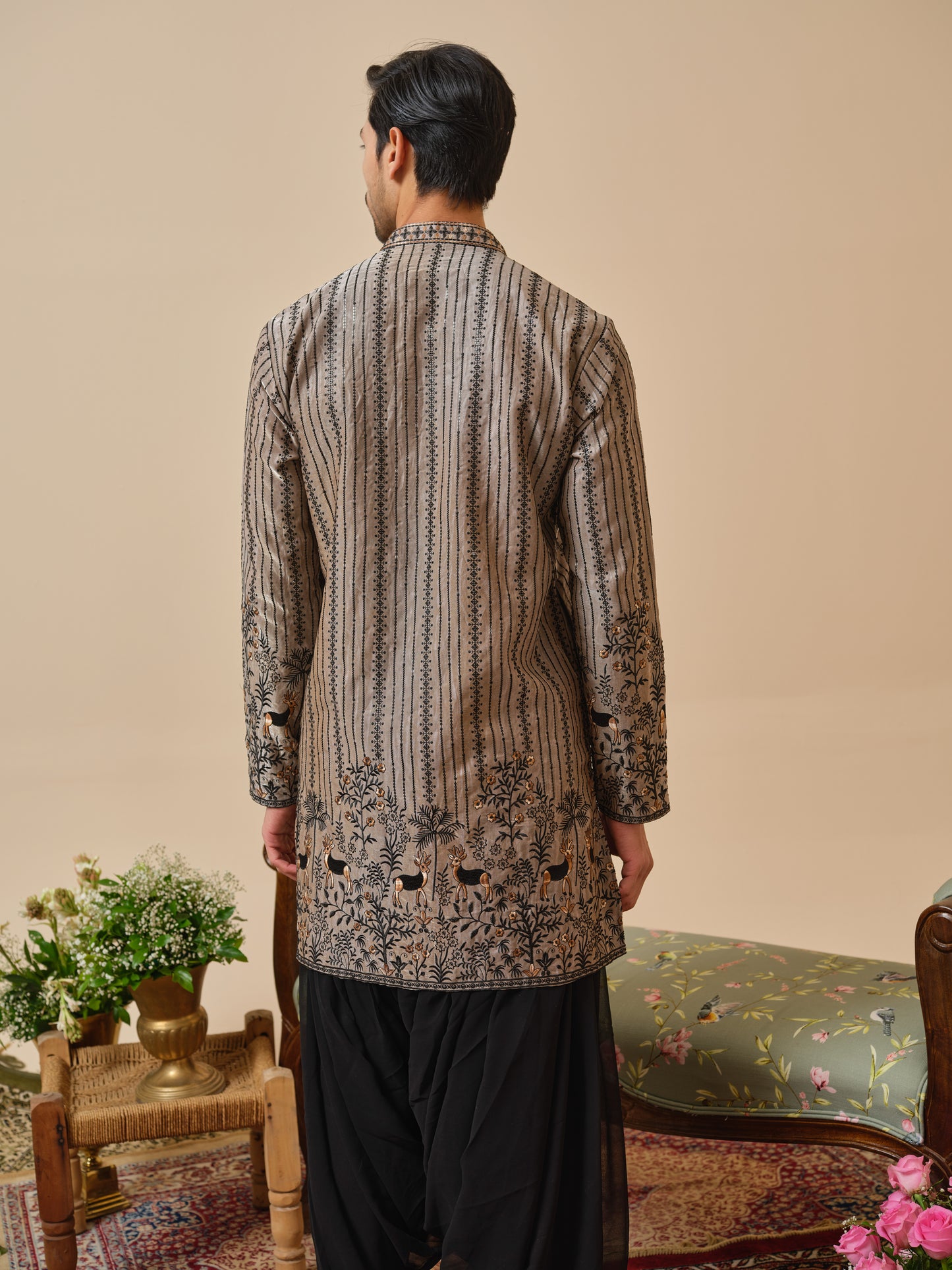 Warm Grey Tissue Organza Kurta–Bottom Set with Sequins & Thread Work Embroidery
