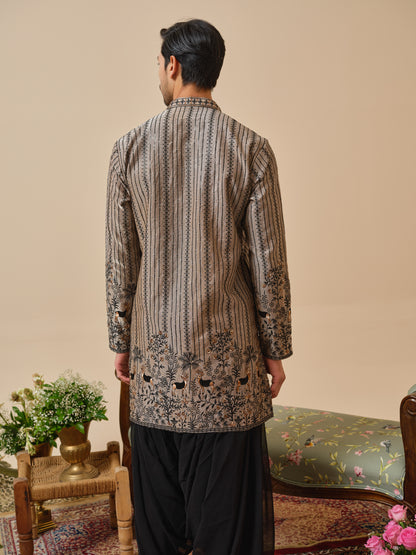 Warm Grey Tissue Organza Kurta–Bottom Set with Sequins & Thread Work Embroidery
