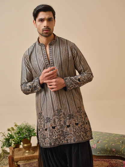 Warm Grey Tissue Organza Kurta–Bottom Set with Sequins & Thread Work Embroidery