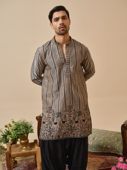 Warm Grey Tissue Organza Kurta–Bottom Set with Sequins & Thread Work Embroidery