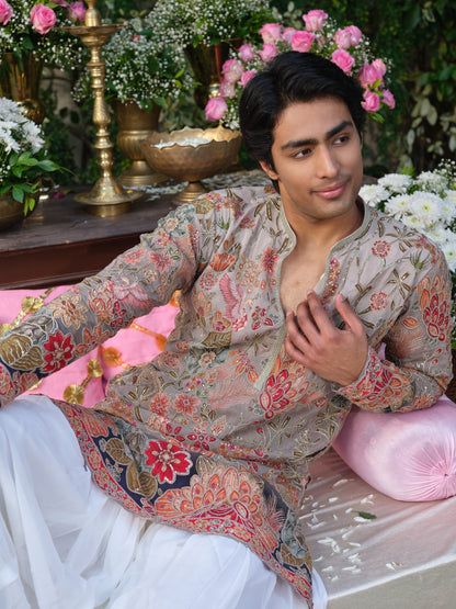 Grey Crepe Kurta–Bottom Set with Zari Cord Embroidery