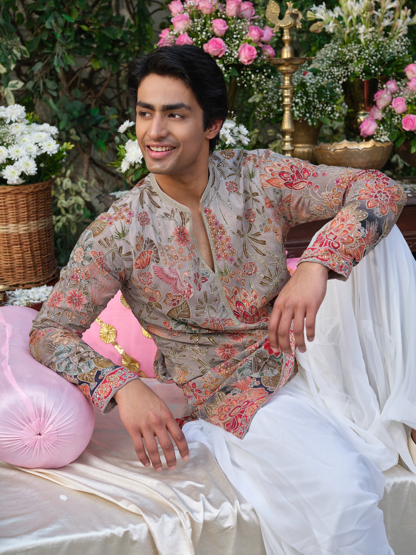 Grey Crepe Kurta–Bottom Set with Zari Cord Embroidery