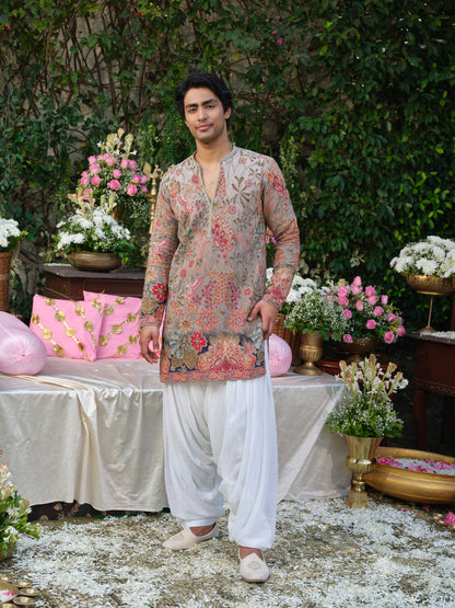 Grey Crepe Kurta–Bottom Set with Zari Cord Embroidery