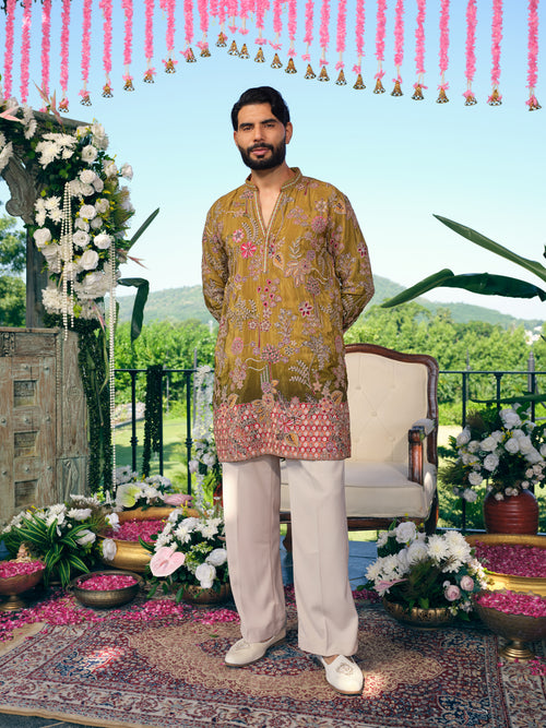 Olive Green Short Kurta Set with Position Print
