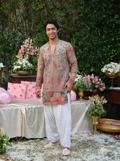 Grey Crepe Kurta–Bottom Set with Zari Cord Embroidery