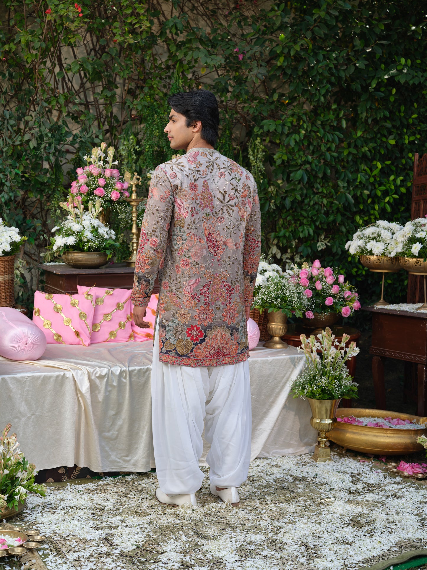 Grey Crepe Kurta–Bottom Set with Zari Cord Embroidery