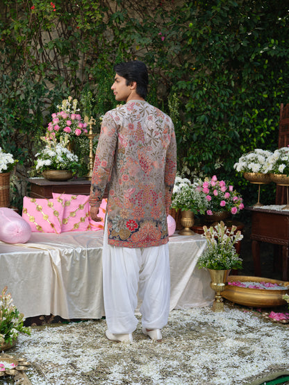 Grey Crepe Kurta–Bottom Set with Zari Cord Embroidery