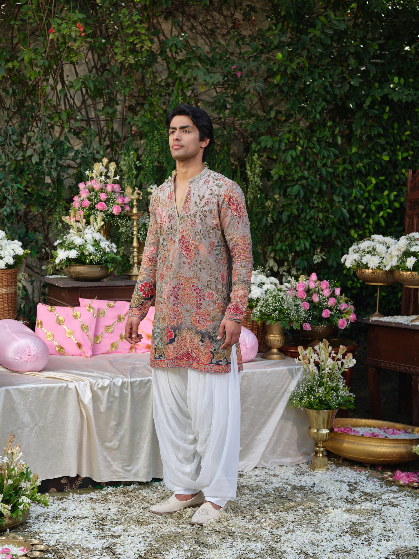 Grey Crepe Kurta–Bottom Set with Zari Cord Embroidery