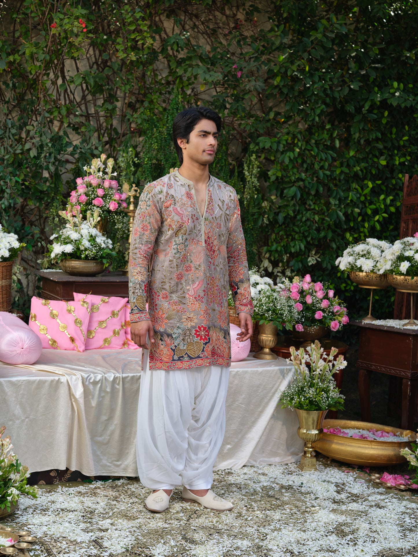 Grey Crepe Kurta–Bottom Set with Zari Cord Embroidery