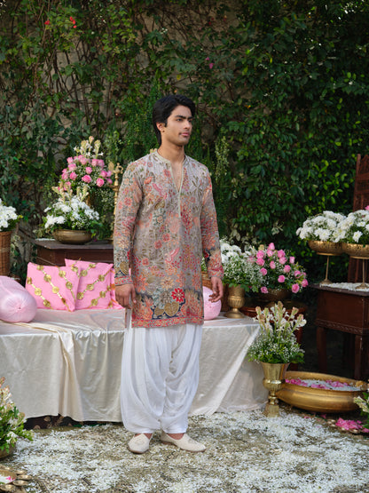 Grey Crepe Kurta–Bottom Set with Zari Cord Embroidery