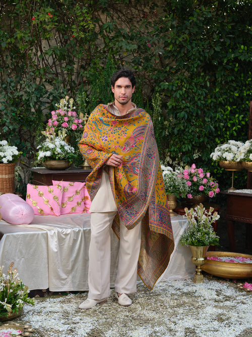 Beige Armani Handwork Kurta Set with Jacquard Dupatta