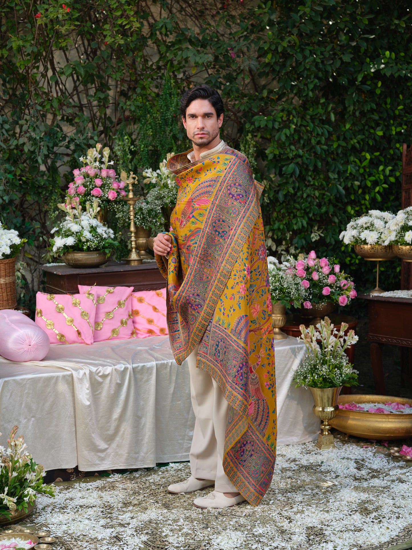 Beige Armani Handwork Kurta Set with Jacquard Dupatta