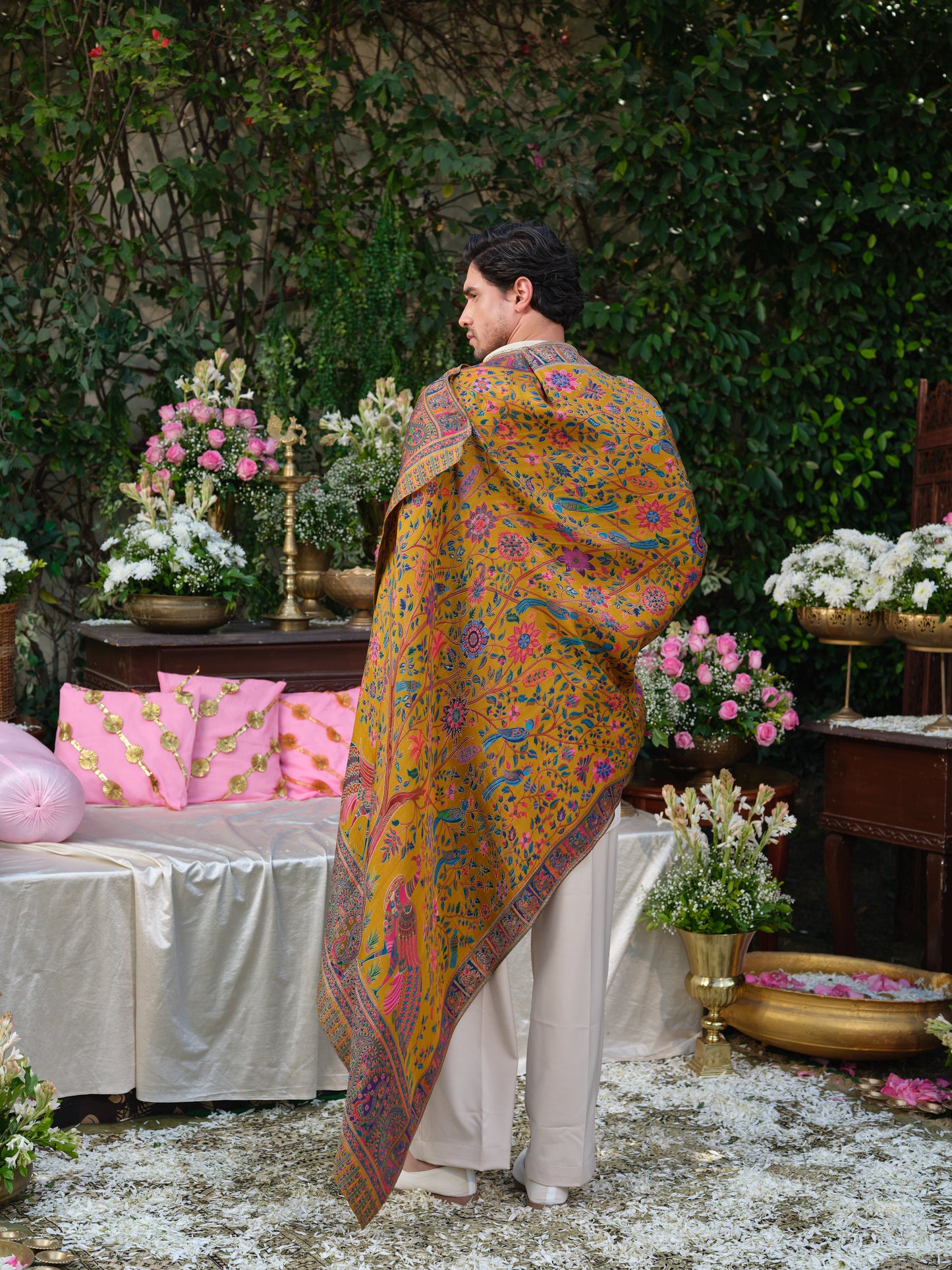 Beige Armani Handwork Kurta Set with Jacquard Dupatta