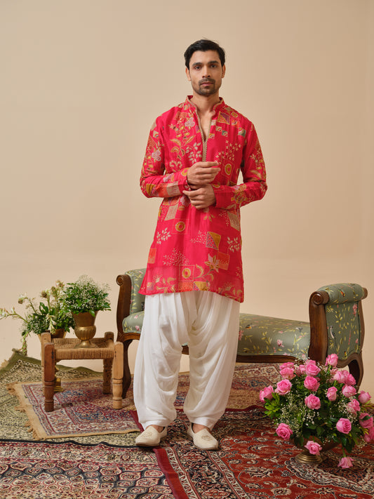 Men’s Pink Georgette Kurta–Bottom Set with Position Print & Zari Embroidery