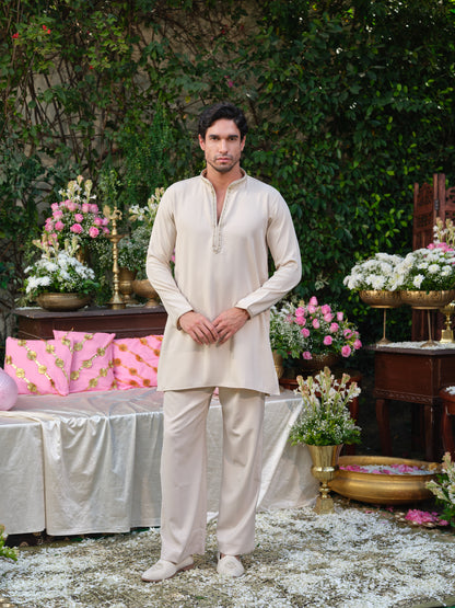 Beige Armani Handwork Kurta Set with Jacquard Dupatta