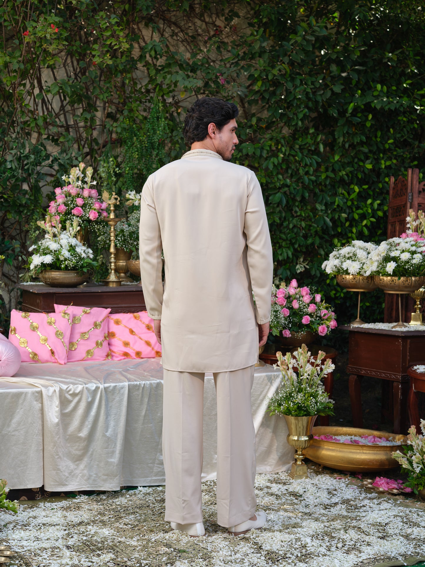 Festive Beige Armani Kurta Ensemble with Handcrafted Detailing