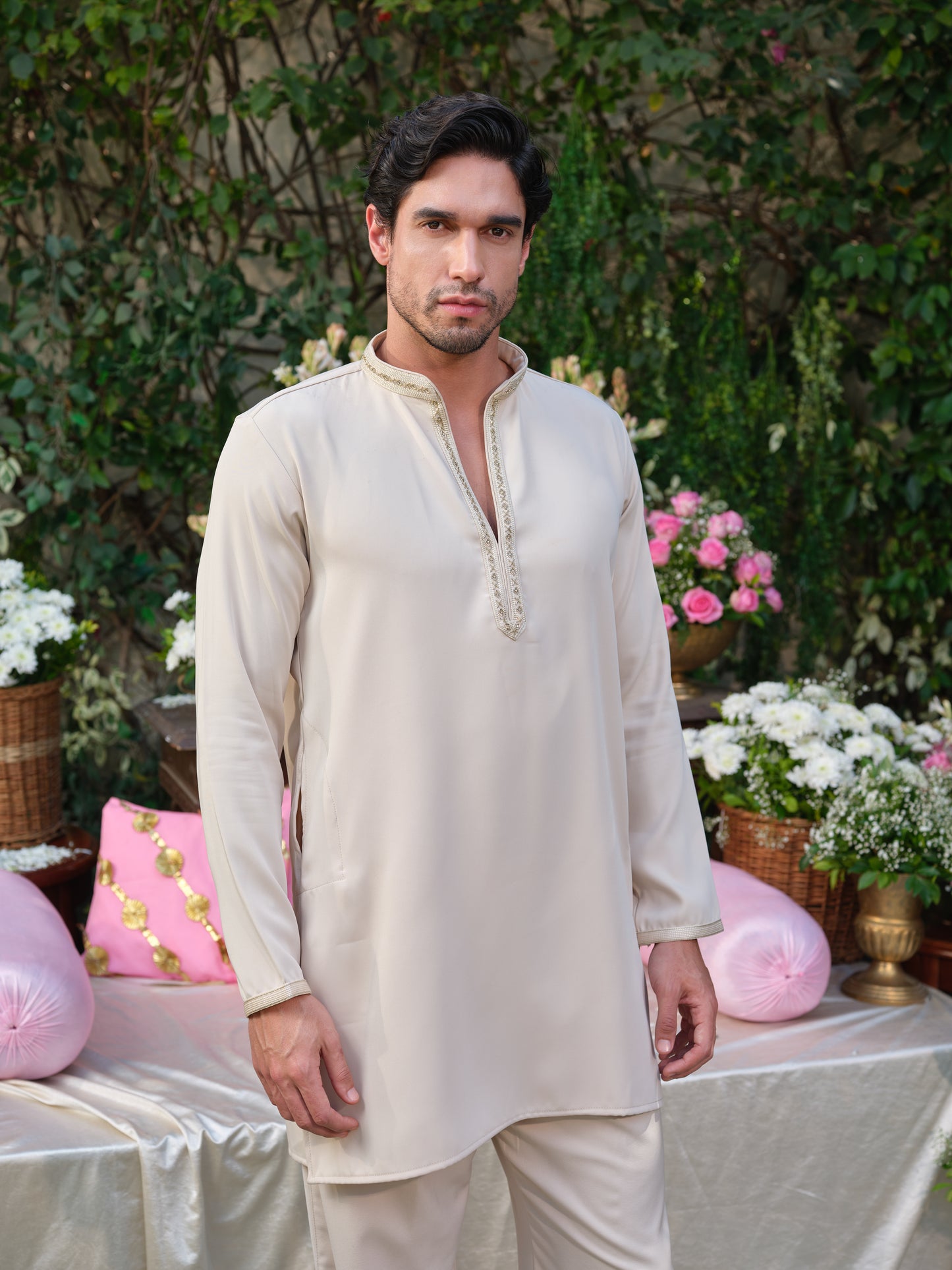 Festive Beige Armani Kurta Ensemble with Handcrafted Detailing
