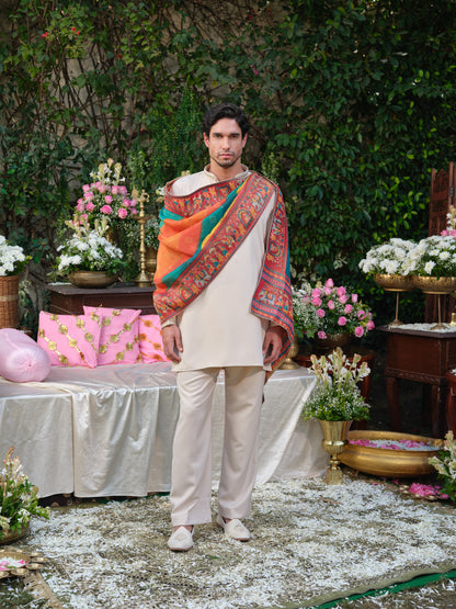 Beige Armani Kurta Set with Hand Work and Jacquard Dupatta