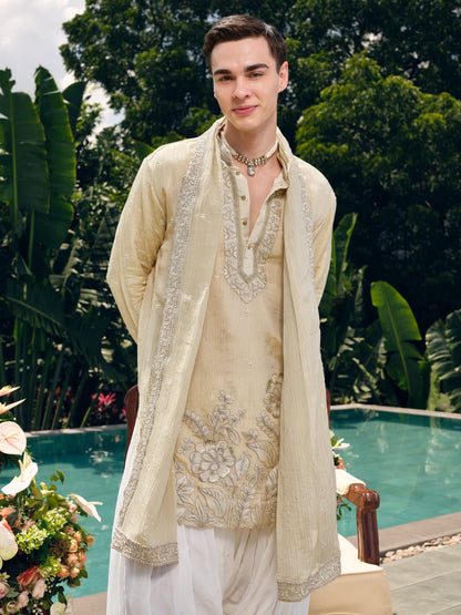 Champagne Crush Tissue Kurta Dupatta Set with Embroidery