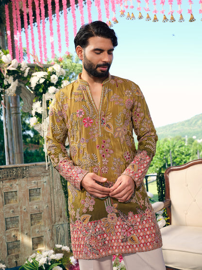 Olive Green Short Kurta Set with Position Print