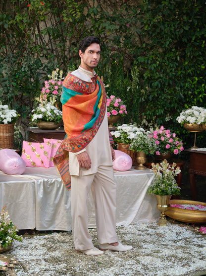 Beige Armani Kurta Set with Hand Work and Jacquard Dupatta