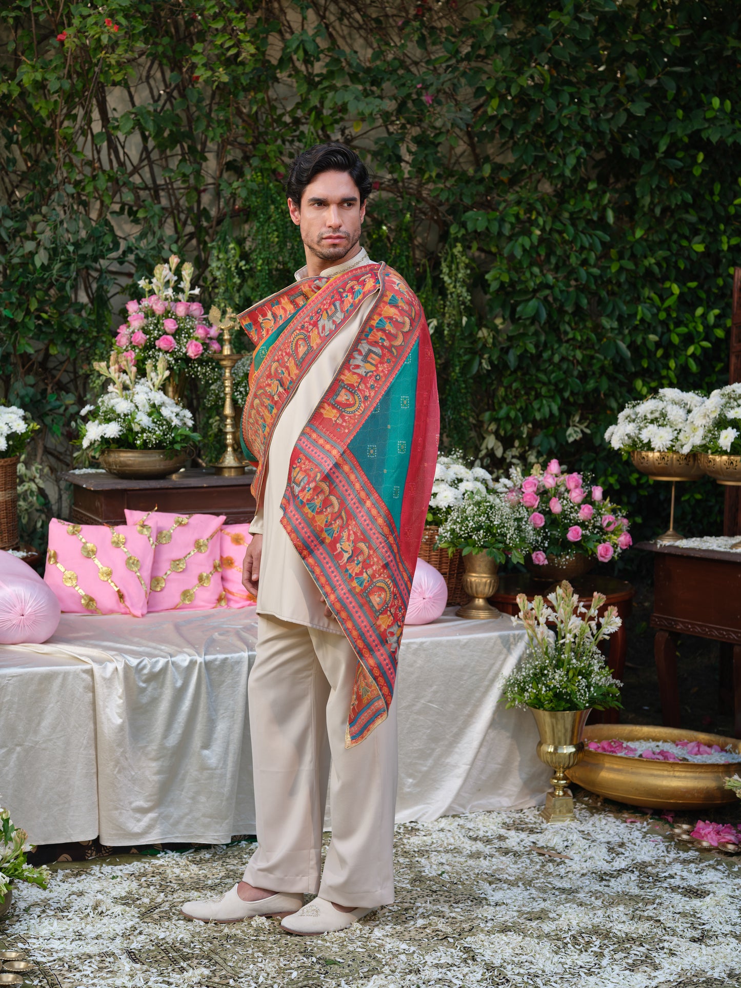 Beige Armani Kurta Set with Hand Work and Jacquard Dupatta