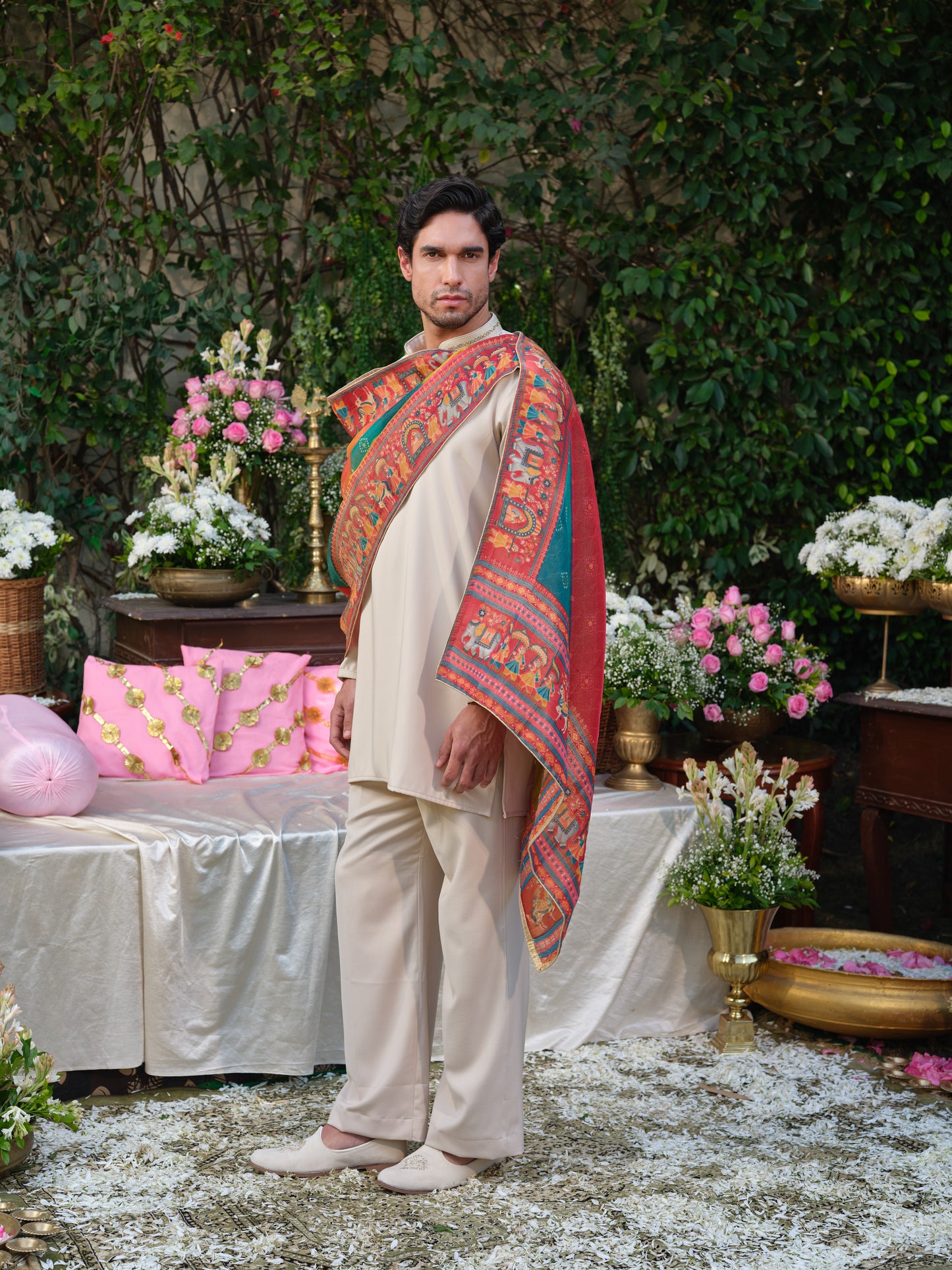 Beige Armani Kurta Set with Hand Work and Jacquard Dupatta