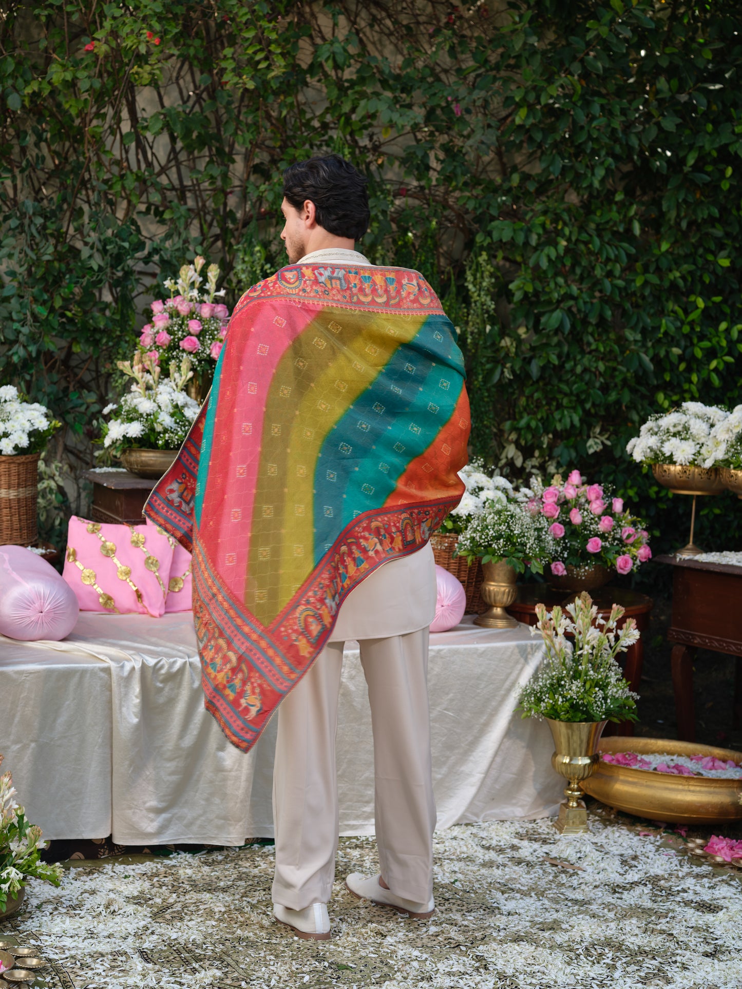 Beige Armani Kurta Set with Hand Work and Jacquard Dupatta