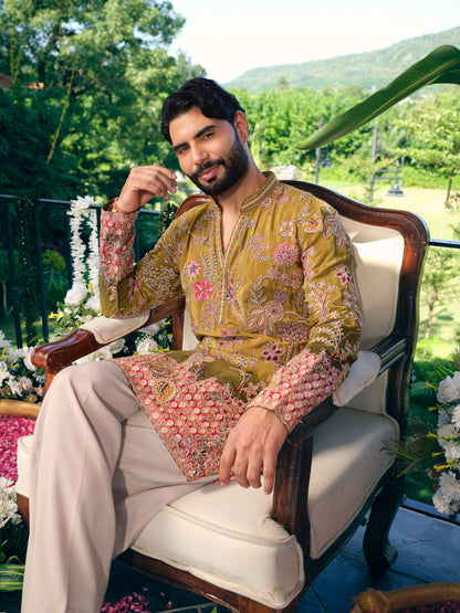 Olive Green Short Kurta Set with Position Print