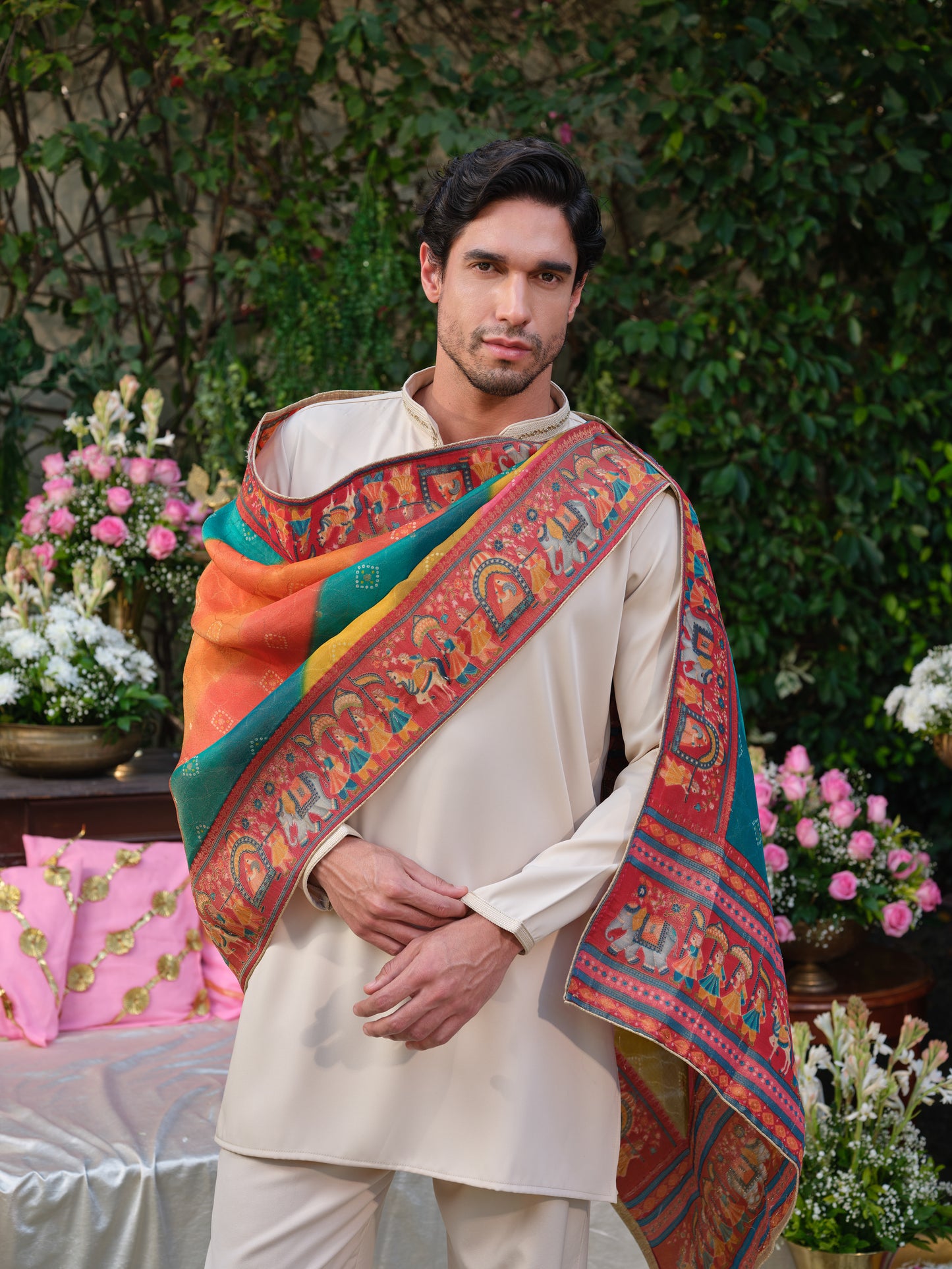 Beige Armani Kurta Set with Hand Work and Jacquard Dupatta