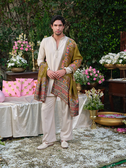 Festive Beige Armani Kurta Ensemble with Handcrafted Detailing