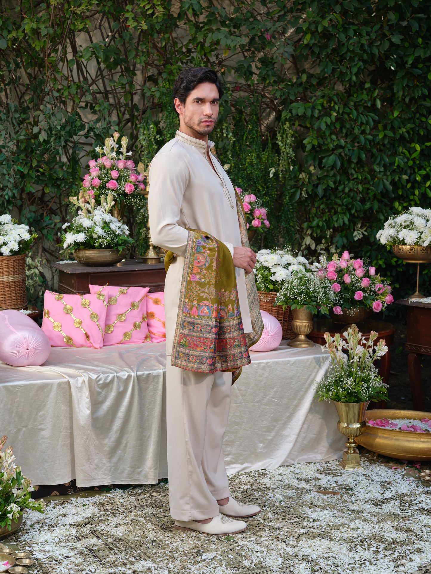 Festive Beige Armani Kurta Ensemble with Handcrafted Detailing
