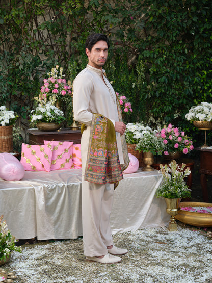 Festive Beige Armani Kurta Ensemble with Handcrafted Detailing