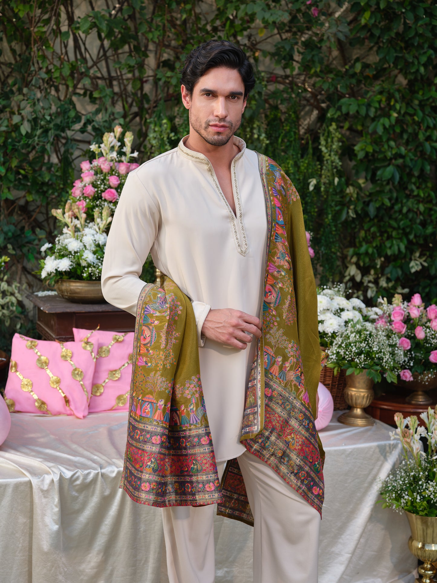 Festive Beige Armani Kurta Ensemble with Handcrafted Detailing