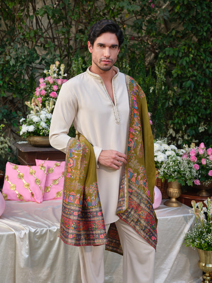 Festive Beige Armani Kurta Ensemble with Handcrafted Detailing